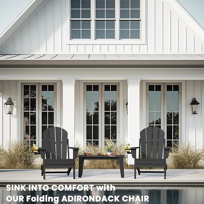 Adirondack Chair with Cup Holder Set of 2, Folding HDPE Patio Chairs, Outdoor Plastic Fire Pit Chair, Wood Texture, Lawn Chairs for Deck, Porch, Backyard, Garden, Black