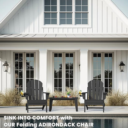 Adirondack Chair with Cup Holder Set of 2, Folding HDPE Patio Chairs, Outdoor Plastic Fire Pit Chair, Wood Texture, Lawn Chairs for Deck, Porch, Backyard, Garden, Black