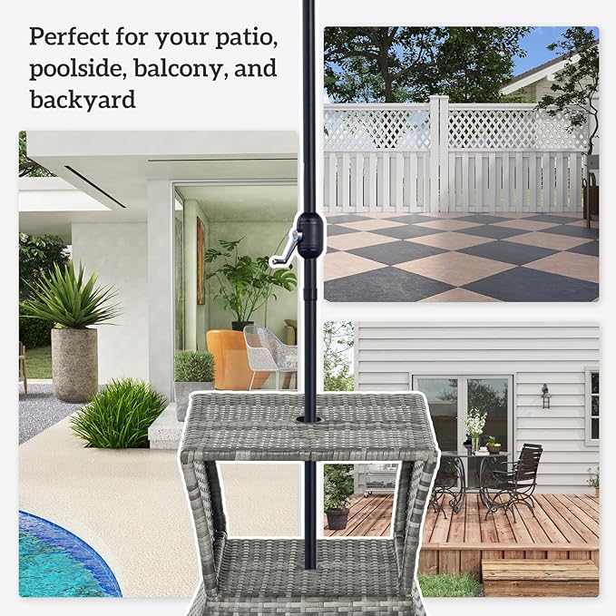 Outsunny Outdoor Side Table with Umbrella Hole, 2 Tier Rattan Wicker End Table with Storage Shelf, All Weather for Outdoor, Patio, Garden, Backyard, Mixed Gray