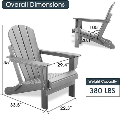Folding Adirondack Chair, Patio Chair, Patio Adirondack Chair Weather Resistant, Outdoor Adirondack Chair, HDPE All-Weather Adirondack Chair for Fire Pit, Pool, Balcony, Backyard, Grey