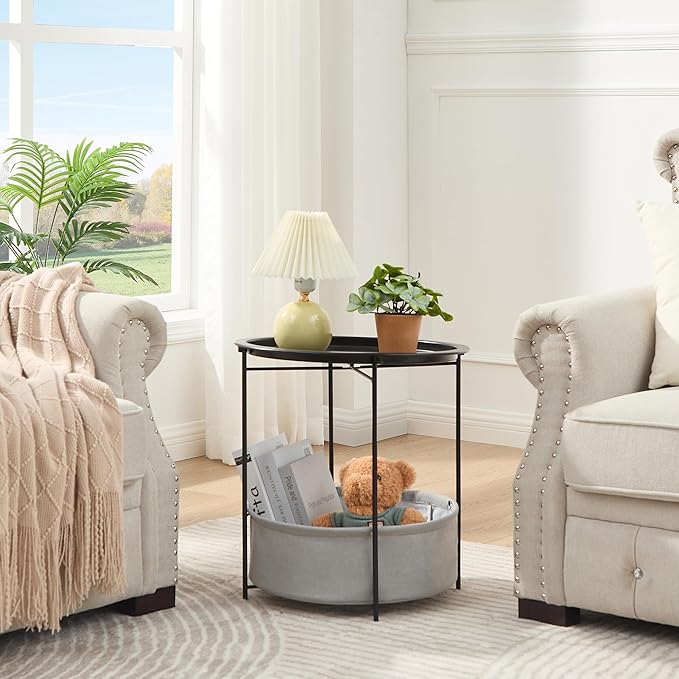 VECELO Round Side/End Table with Fabric Storage Basket，Metal Anti-Rust and Waterproof Small Bedside Nightstand with - Photo 4