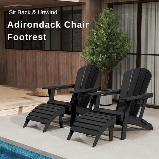 Folding Adirondack Ottoman Footrest, HDPE Plastic Outdoor Footstool No Assembly Required, All-Weather Foldable Ottoman for Adirondack Chair, Patio, Lawn, Garden, Deck, Poolside, Fire Pit, Black