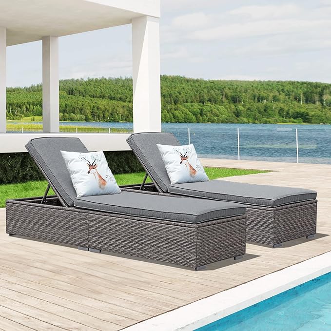 JOIVI Outdoor Chaise Lounge Chairs, 2 Pieces Gray Wicker Patio Lounge Chair Set of 2 with 5-Position Adjustable Backrest - Photo 6