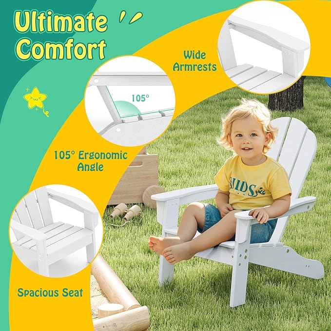 Giantex HDPE Kids Adirondack Chair - All-Weather Lawn Toddler Chair with Ergonomic Design, Children’s Outdoor Chair for Toddlers Ages 3-8, Kid’s Patio Furniture for Deck, Garden (1, White)