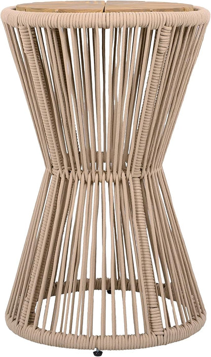 Merax Bohemian Round Outdoor Side Table with Acacia Wood Top and Beige Handwoven Rope Base, Elegant Hourglass Design Patio Coffee Table for Garden, Pool, Deck, Balcony, Yard, 25.8" Height, No Assembly