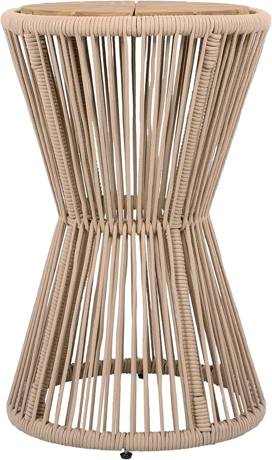 Merax 2 Pieces Round Outdoor Side Table Set, Bohemian Patio Side Tables with Acacia Wood Top and Beige Handwoven Rope Base for Garden, Pool, Yard, Elegant Hourglass Design, No Assembly, 25.8" Height