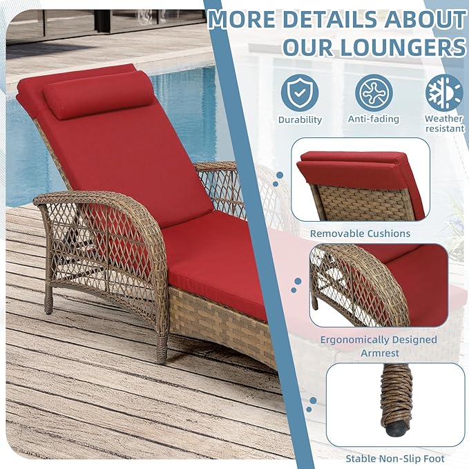Outdoor Chaise Lounge Chair Set of 2, PE Wicker Recliner Patio Reclining Sunbathing Chair with Cushion - Photo 8