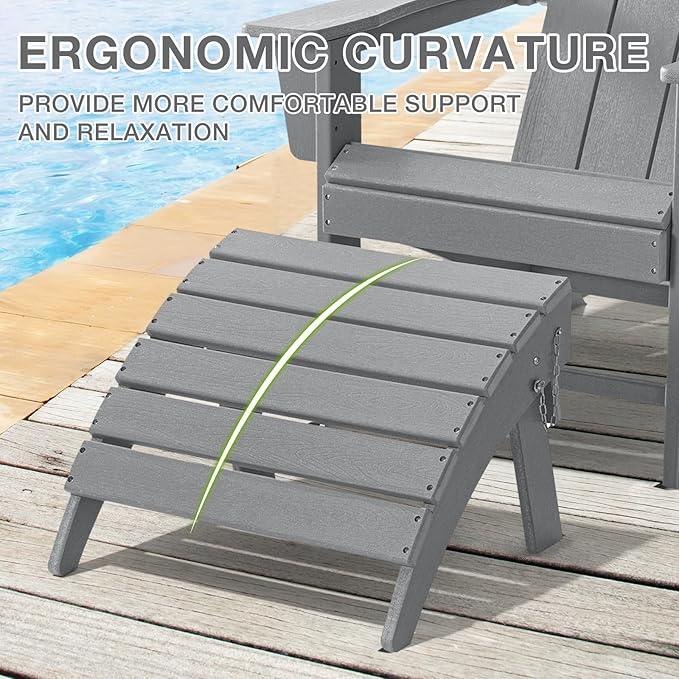 Adirondack Chair with Ottoman Weather Resistant Fire Pit Chairs with Footrest HDPE Outdoor Adirondack Chair for Patio Front Porch Pool Garden Deck Fire Pit Outside, Light Grey