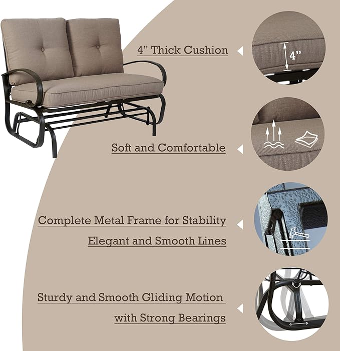 Kozyard Cozy Patio Glider Bench - Outdoor Rocking Loveseat with Sturdy Frame and Cushioned Seats for Patio, Yard - Rocker Swing with Outdoor Seating, Perfect for Porch Outdoo (Beige)