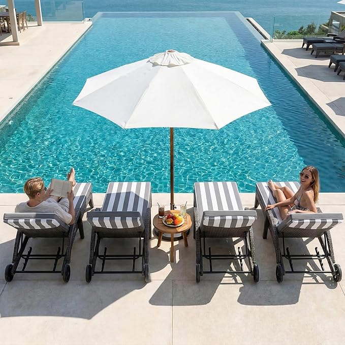 Chaise Lounge Chairs Set of 6, Upholstered 5-Positions Adjustable Pool Loungers, 80" Long Wicker Outdoor Lounge Chairs, Patio Chaise Lounges with Wheels for Sunbathing/Deck/Yard, Khaki
