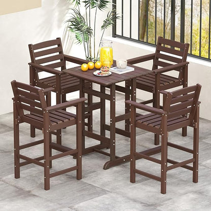 Tangkula Patio Adirondack Chairs Set of 2, HDPE Bar Height Chair with Wide Armrests & Footrest, Outdoor High-Top Slatted Bar Chairs with Backrest for Backyard, Lawn, Poolside (Brown)