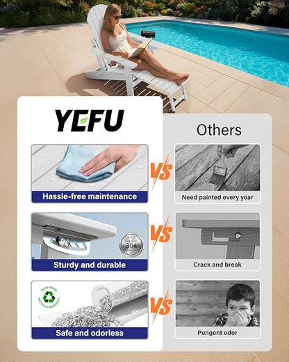 YEFU Adjustable Adirondack Chair with Retractable Ottoman Set of 8,Folding Adirondack Chair with 2 Cup-Holders, Outdoor Chairs with Footrest,Weather Resistant Fire Pit Chairs,for Patio Lawn(White)