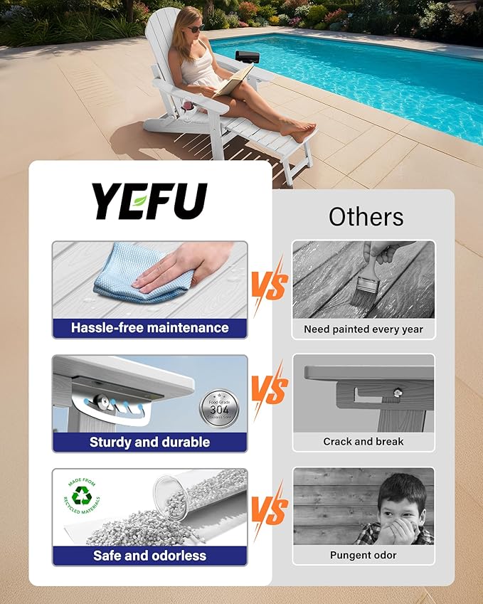 YEFU Adjustable Adirondack Chair with Retractable Ottoman Set of 6,Folding Adirondack Chair with 2 Cup-Holders, Outdoor Chairs with Footrest,Weather Resistant Fire Pit Chairs,for Patio Lawn(White)