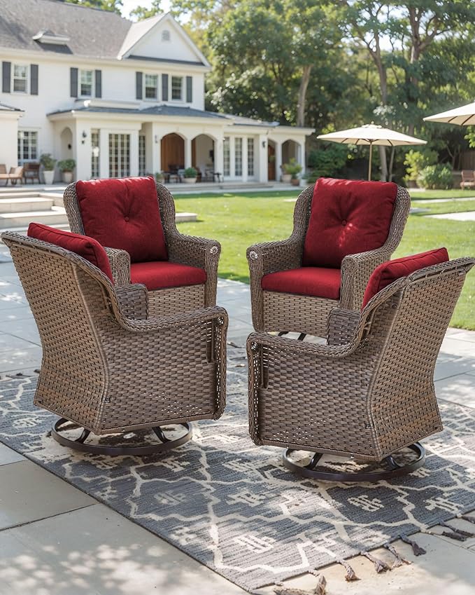 Patio Chairs Outdoor Swivel Glider - Set of 4 High Back Outside Brown Wicker Rattan Rocking Chair with Thick Cushion - Photo 6