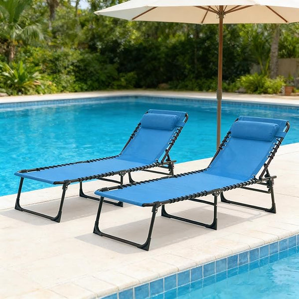 2 Pack Outdoor Folding Chaise Lounge 5-Position Adjustable Recliner 400LB Heavy Duty Portable Patio Camping Beach Chair - Photo 1