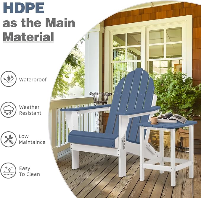 Aoodor HDPE Outdoor All-Weather Folding Adirondack Chair for Patio, Garden, Backyard, Lawn, Fire Pit, Set of 2, Navy Blue