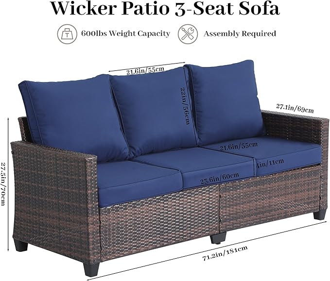 EortheX Outdoor Patio Sofa, 3-Seat Rattan Wicker Couch for Garden Deck or Porch, Comfortable All-Weather Patio Furniture with Anti-Slip Cushions (Blue)