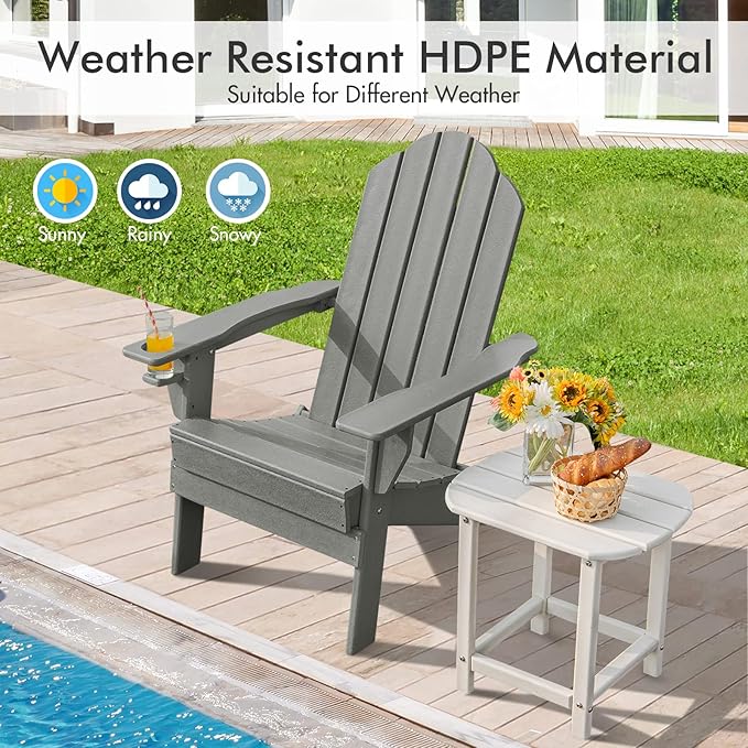Giantex Adirondack Chair Outdoor Folding Chairs, HDPE Weather Resistant Patio Chair with Built-in Cup Holder Lawn Chair for Patio, Backyard, Balcony, Deck Outside Plastic Fire Pit Chair(1, Grey)