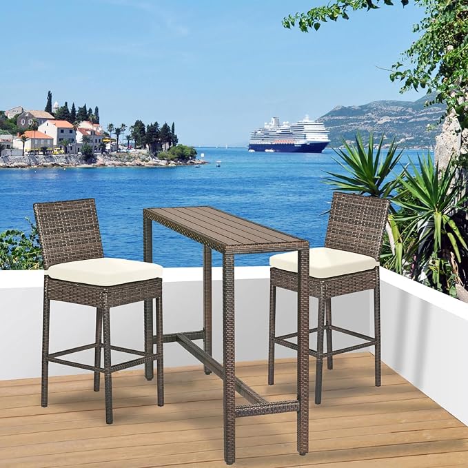 Outdoor Bar Table Patio Bar Height 55" Long Outdoor Console Table Hot Tub Tall Wicker High Top Pub Serving Table Narrow Sofa Sideboard Table Brown