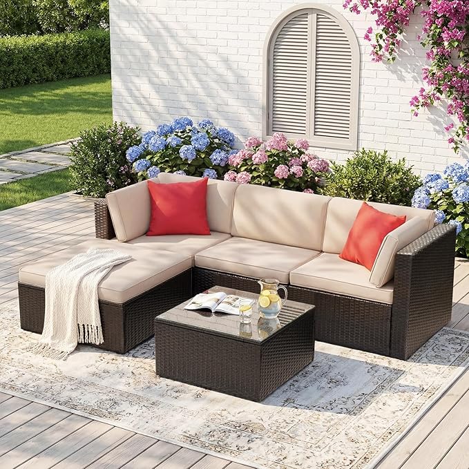Devoko 5 Pieces Patio Furniture Sets All Weather Outdoor Sectional Patio Sofa Manual Weaving Wicker Rattan Patio Seating Sofas with Cushion and Glass Table (Beige)