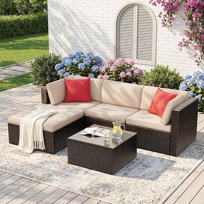 Devoko 5 Pieces Patio Furniture Sets All Weather Outdoor Sectional Patio Sofa Manual Weaving Wicker Rattan Patio Seating Sofas with Cushion and Glass Table (Beige)