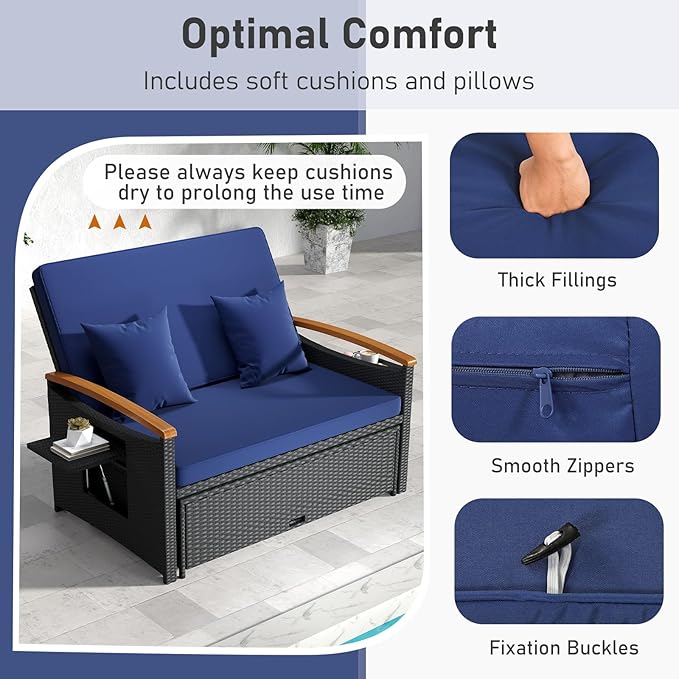 Moccha Outdoor Wicker Daybed, Patio Rattan Loveseat Sofa w/ 4-Level Adjustable Backrest, Folding Panels - Photo 3