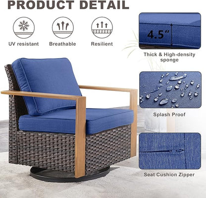 Rilyson Outdoor Wicker Patio Furniture Set - 5 Piece Patio Conversation Set with 2 Wicker Swivel Rocker Chairs,2 Ottoman, 1 Side Table, Thick Cushions, Deep Seating, Wide Armrest(Brown/Blue)