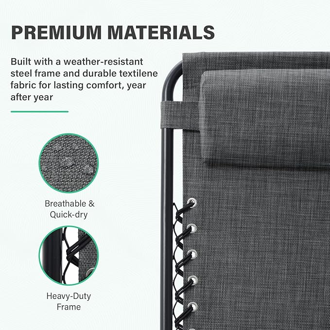 JEAREY Oversized Zero Gravity Lounge Chairs Set of 2, Adjustable Steel Mesh Recliners with Pillows and Cup Holder Trays for Patio, Garden, Beach, Dark Grey