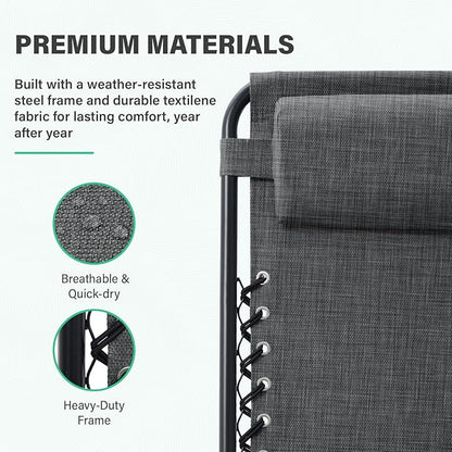 JEAREY Oversized Zero Gravity Lounge Chairs Set of 2, Adjustable Steel Mesh Recliners with Pillows and Cup Holder Trays for Patio, Garden, Beach, Dark Grey