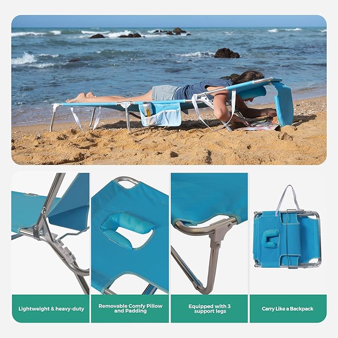 SUNNYFEEL Beach Lounge Chair, Aluminum Tanning Chair with Face Hole, Foldable Lounge Chair Outdoor, Sun Tanning Chair with Backpack Straps for Outdoor/Picnic/Lawn