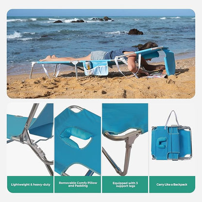 SUNNYFEEL Beach Lounge Chair, Aluminum Tanning Chair with Face Hole, Foldable Lounge Chair Outdoor, Sun Tanning Chair with Backpack Straps for Outdoor/Picnic/Lawn