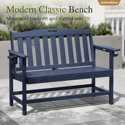 Sophia & William HDPE Outdoor Bench Weatherproof, 2-Person Garden Bench with Cup Holders, 700 lbs Capacity, Patio Benches for Porch, Garden, Backyard and Park, Navy