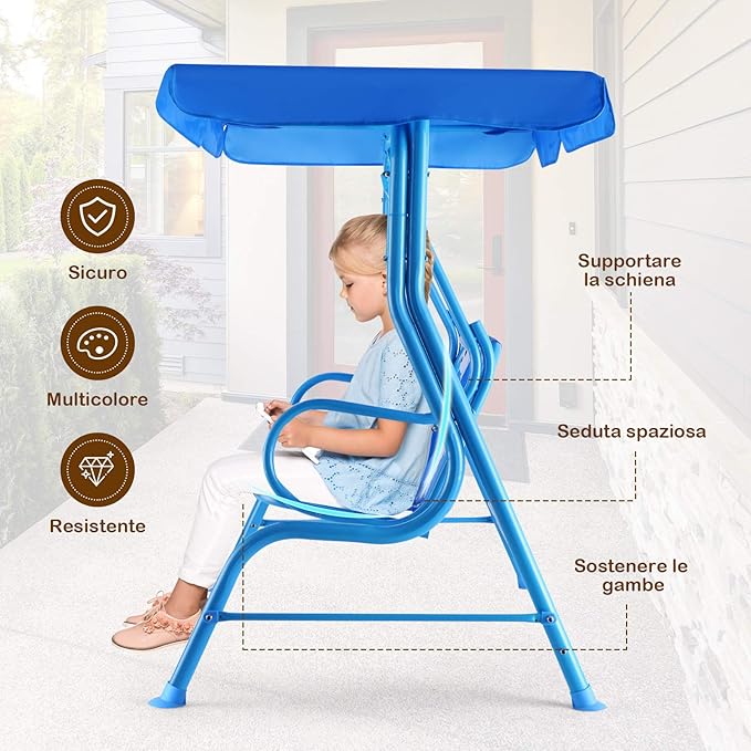 KOTEK Kids Patio Swing, 2-Seater Outdoor Hanging Bench with Adjustable Canopy, Safety Belt & Curved Armrest, Kids Swing Chair with Stand for Backyard, Garden, Lawn, Porch (Blue Puppy)