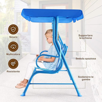 KOTEK Kids Patio Swing, 2-Seater Outdoor Hanging Bench with Adjustable Canopy, Safety Belt & Curved Armrest, Kids Swing Chair with Stand for Backyard, Garden, Lawn, Porch (Blue Puppy)