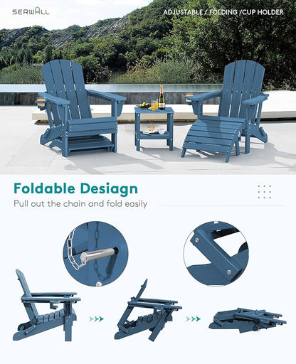 SERWALL 5-Piece Adirondack Chair and Ottoman and Table Set, HDPE Weather Resistant Adjustable Backrest Adirondack Chair with Ottoman and Side Table, Navy