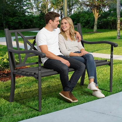 Metal Bench Patio Bench,Outdoor Benches Weatherproof with Lattice Backrest, Wrought Iron Garden Benches for Outdoors, Patio, Garden, Park