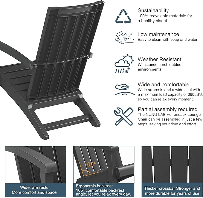 NUNU LAB Oversized Adirondack Chair, Plastic All-Weather Resistant Wooden Textured Lawn Chair, Black Outdoor Patio Chair - Photo 7