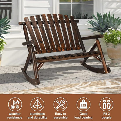 HOMEDIARY Outdoor Wood Rocking Bench, 2-Persons Rustic Adirondack Log Rocker with Slatted Seat, High Backrest/Armrests, Double Wooden Patio Porch Rocking Loveseat for Garden Backyard Porch, Carbonized