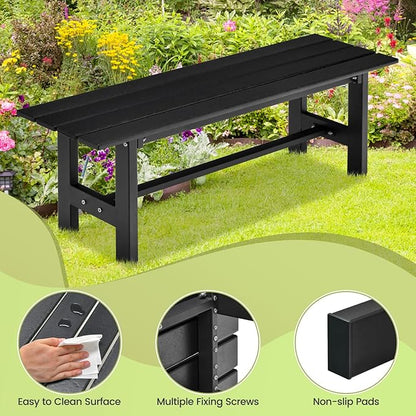 Tangkula 47 Inch HDPE Outdoor Bench Backless, Patio Garden Dining Bench with Slatted Seat & Heavy-duty Metal Frame, 660 LBS Capacity, Weatherproof Outside Bench for Park, Yard, Entryway & Porch, Black