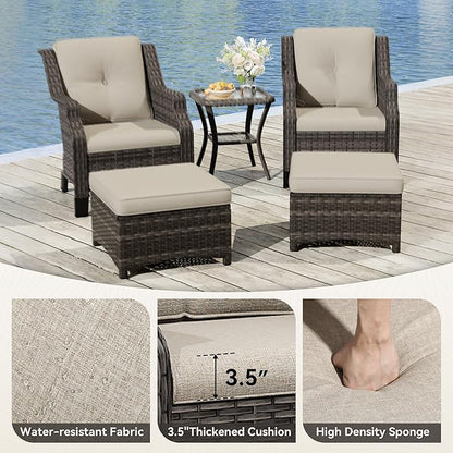 Wicker Patio Furniture Set - 5 Piece Rattan Outdoor Conversation Sets with 2 Wicker Patio Chairs,2 Ottomans, 1 Side Table for Garden, Backyard, Balcony and Deck