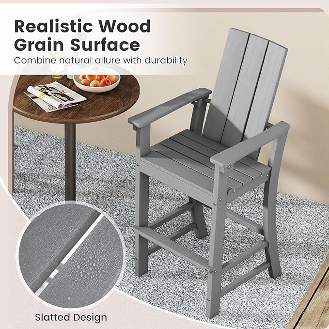 Giantex 52” Tall Adirondack Chair Set of 4, HDPE Outdoor Bar Stool with Ergonomic Backrest, Armrests, Footrest, Fire Pit Chair, All Weather Patio Bistro Chair for Yard, Garden, Lawn (Grey)