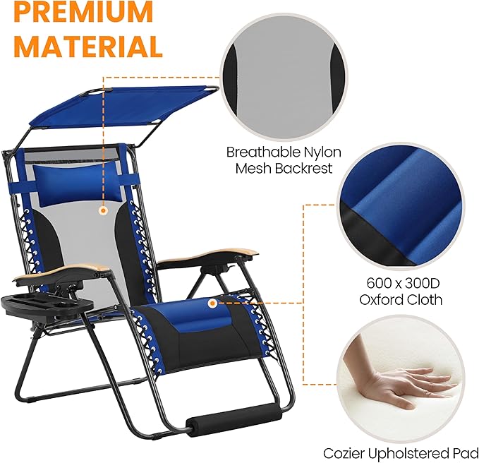 Yaheetech 29in Zero Gravity Chair, Adjustable Patio Padded Anti Gravity Recliner Foldable Outdoor Lounger with Cup Holder Tray, Canopy Shade and Headrest for Beach Camping Navy Blue/Black/1