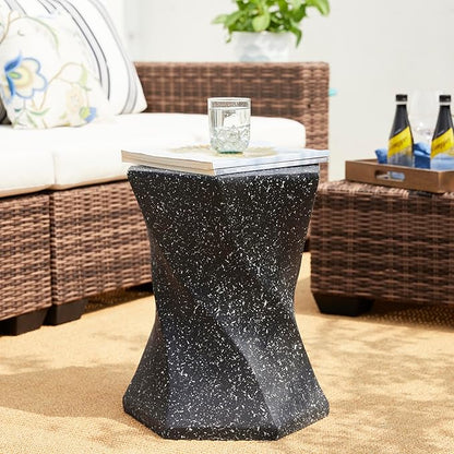 Glitzhome Outdoor Side Table, 17.75" H Decorative Garden Stool MGO Twist Faux Terrazzo End Table, Round Planter Stand for Indoor Outdoor Living Room Bedroom Patio Deck Poolside, Black