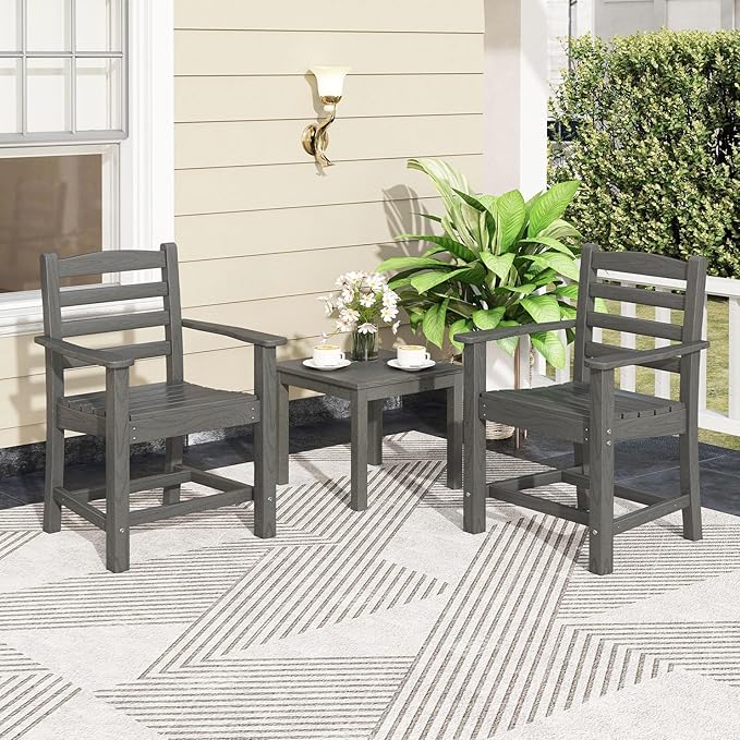 Tangkula Patio Dining Chairs Set of 4, HDPE All Weather Outdoor Chair w/Wide Armrests, Curved Seat, Wood Grain - Photo 3