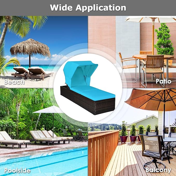 Tangkula Outdoor Chaise Lounge Chair with Folding Canopy, Adjustable Cushioned Reclining Chair with Flip-up Tea Table, Rattan Sun Lounger for Beach Poolside Backyard Balcony Porch (1, Turquoise)