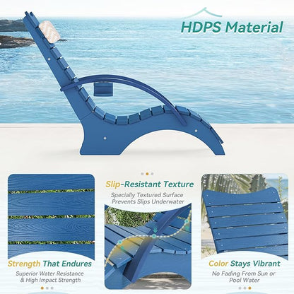 Pool Lounge Chairs Set of 2, Shallow Water 8-10 Inches Deep, HDPS Fade Resistant Pool Tanning Chair with Armrest, Cup Holder, Headrest, 330lbs Capacity, Outdoor Deck Sun Lounger, Dark Blue