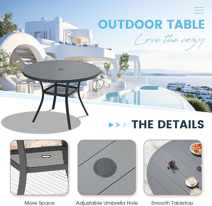 Patio Dining Table for 4, Round Metal Outdoor Table with Storage Shelf, 1.57" Umbrella Hole - Photo 5