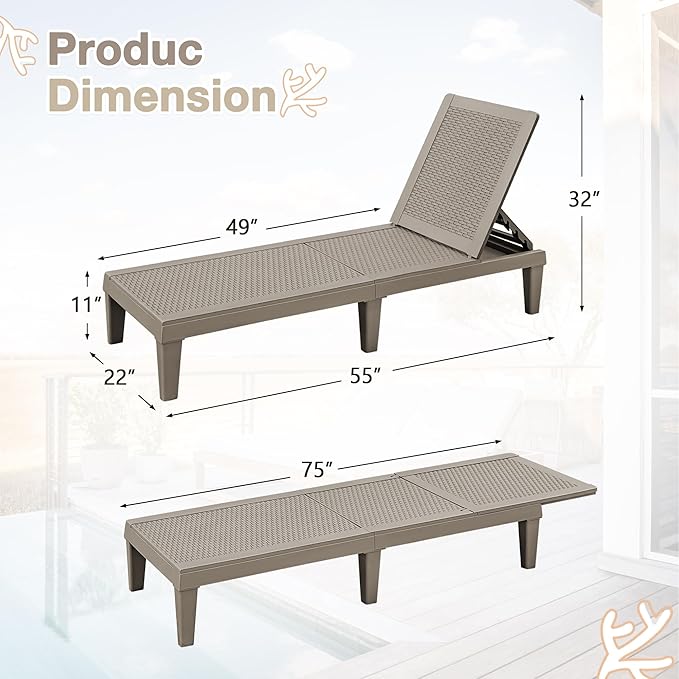 Homall Outdoor Lounge Chairs Set of 2, Quick Assembly & Waterproof Patio Chaise Lounge with Adjustable Backrest for Poolside, Beach, Garden (Light Brown)