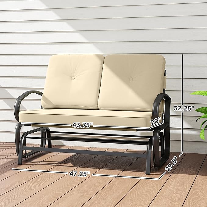 Outsunny Outdoor Glider Bench, 2-Person Patio Rocker Loveseat with Tufted Cushions, Steel Frame for Porch, Garden Backyard, Beige