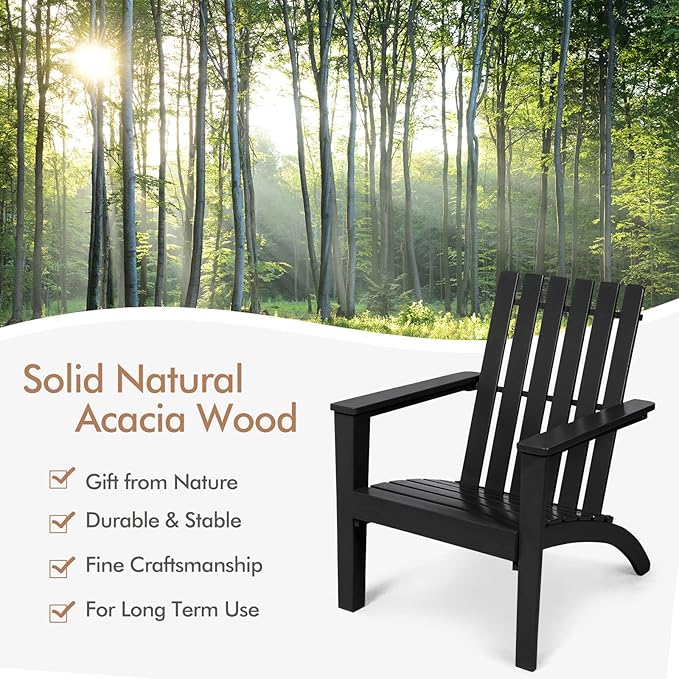Tangkula Adirondack Chair Acacia Wood Outdoor Armchairs, Weather Resistant for Patio Garden Backyard Deck Fire Pit, Lawn Porch Furniture & Lawn Seating, Campfire Chairs, Adirondack Lounger (1, Black)